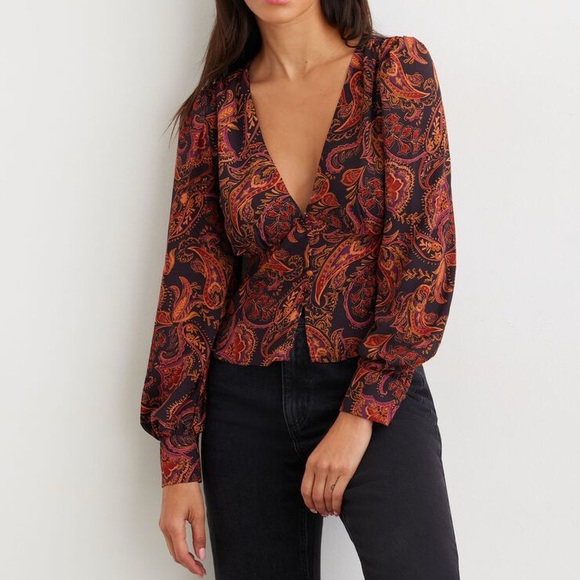 Dynamite Tops - Dynamite Paisley V-Neck Bubble Sleeve Blouse